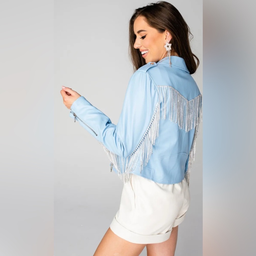 NWT Buddy Love Rife Crystal Fringe
Vegan Leather Jacket - Baby Blue Size: Large